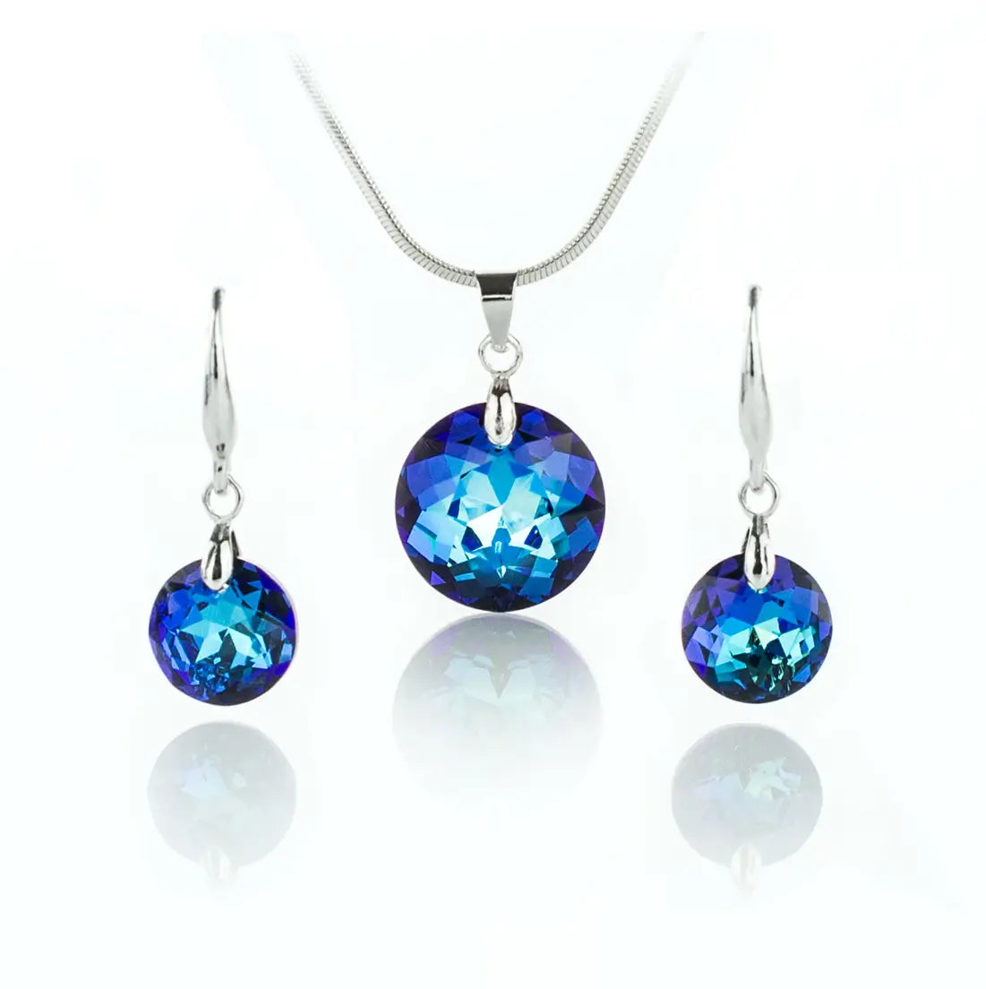 Дамски комплект бижута колие с обици с кристали Сваровски в преливащи сини нюанси