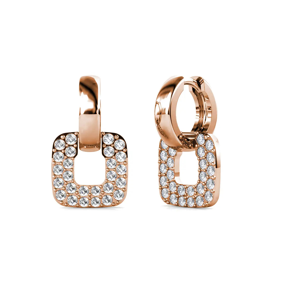 Дамски обеци халки с квадратни елементи и кристали Сваровски с покритие розово злато