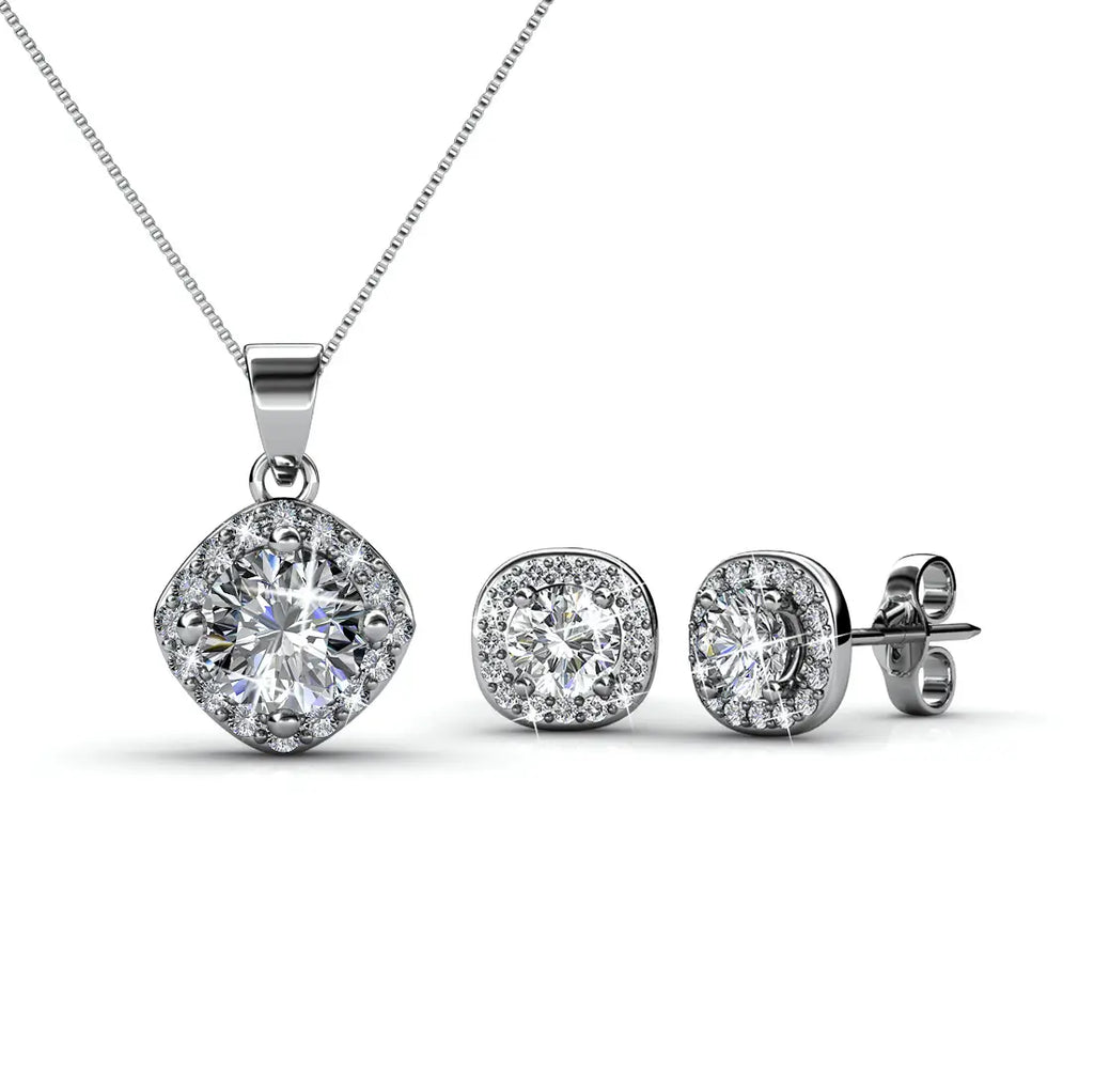 Елегантен сет бижута колие с обеци с кристали Сваровски и 18К покритие от бяло злато