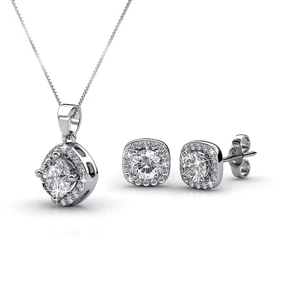 Елегантен комплект бижута- колие с обеци с кристали Сваровски и 18К покритие от бяло злато. 