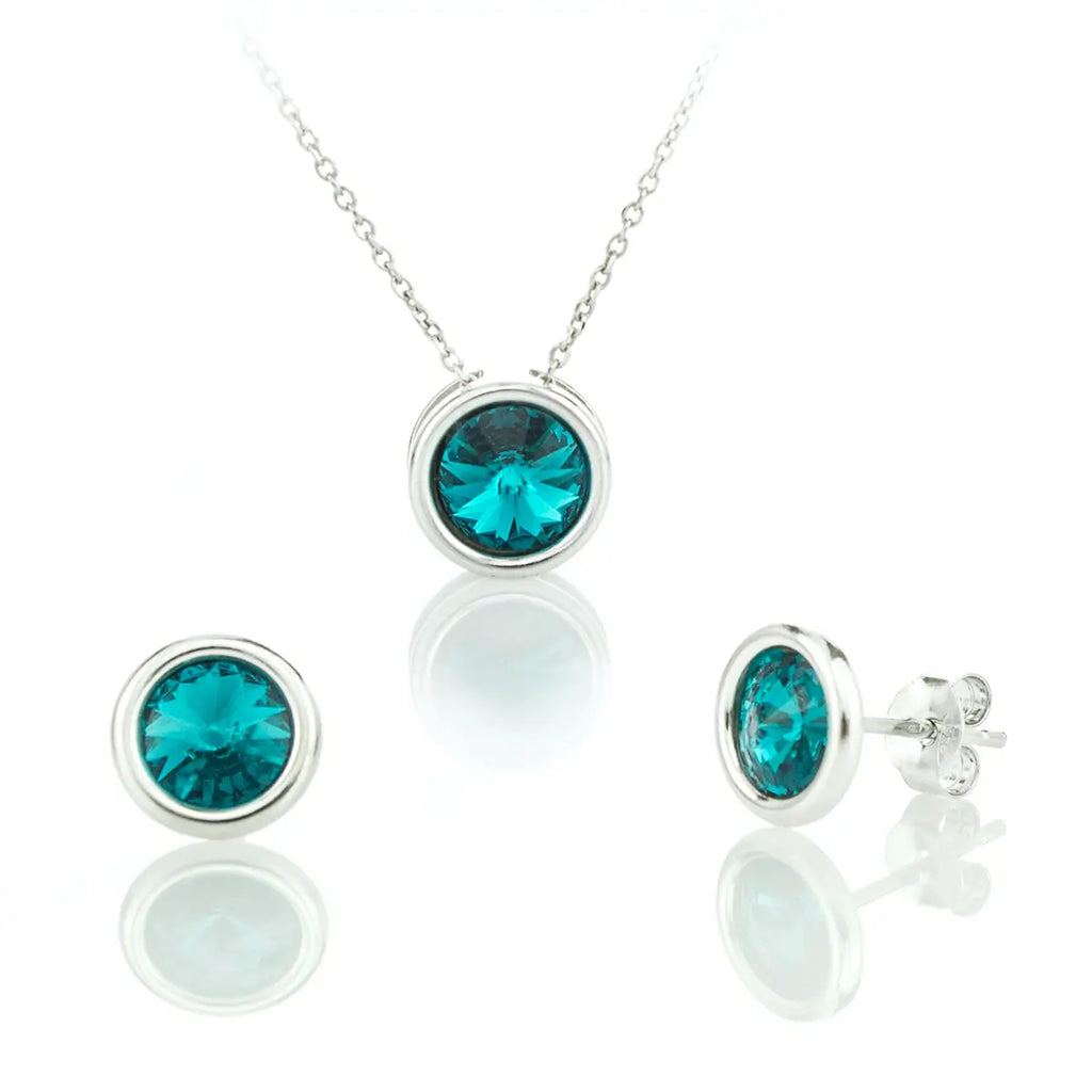 Класическо кръгло колие и обеци на винт с циркови Сваровски в зелен цвят