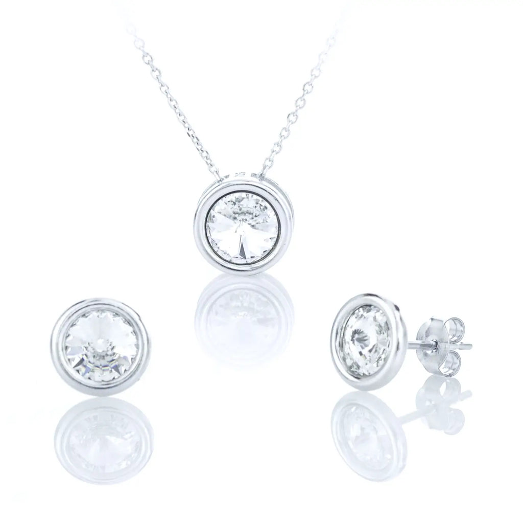 Класическо кръгло малко колие с обеци на винт с циркони Сваровски в цвят кристал