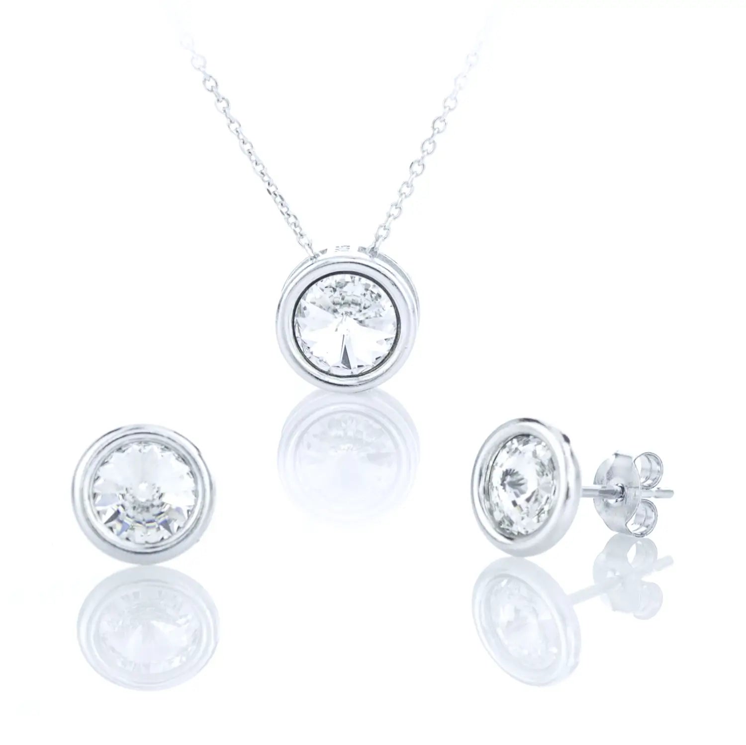 Класическо кръгло малко колие с обеци на винт с циркони Сваровски в цвят кристал