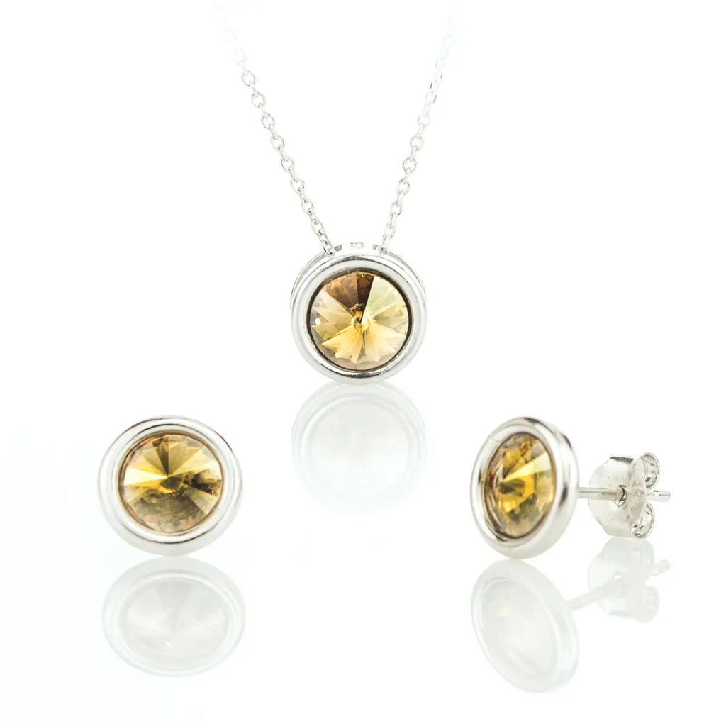 Малко сребърно колие с обеци на винт с циркони Сваровски в златист цвят