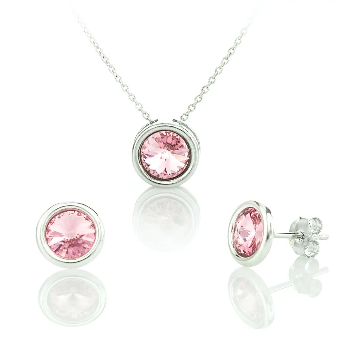 Малко сребърно колие с обеци на винт с циркони Сваровски в розов цвят