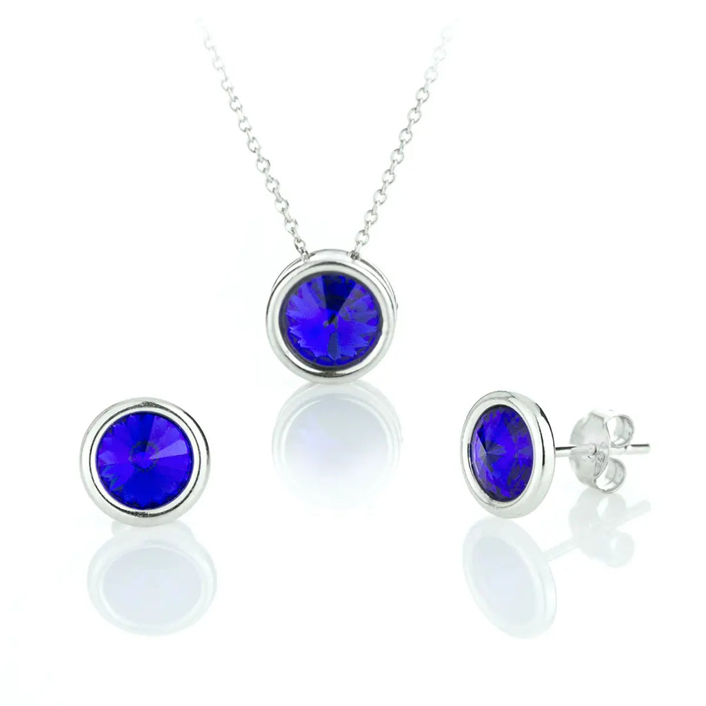 Класическо сребърно колие с обеци на винт с циркони Сваровски в син цвят