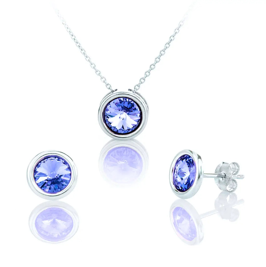 Класическо сребърно колие в кръгла форма с обеци на винт  циркони Сваровски в сапфирен цвят