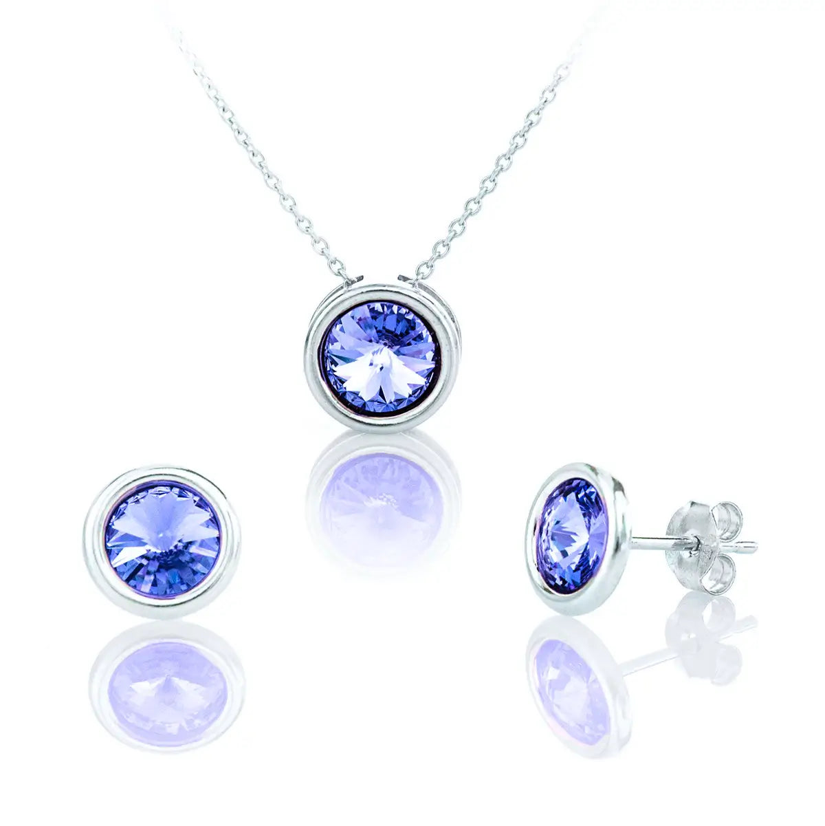 Класическо сребърно колие в кръгла форма с обеци на винт  циркони Сваровски в сапфирен цвят