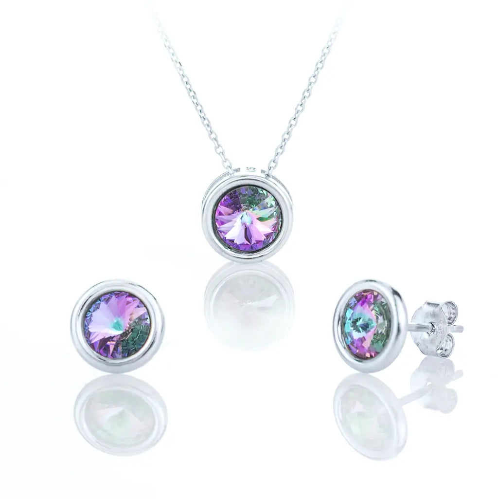 Класическо малко кръгло колие с обеци на винт с циркони Сваровски в преливащи цветове