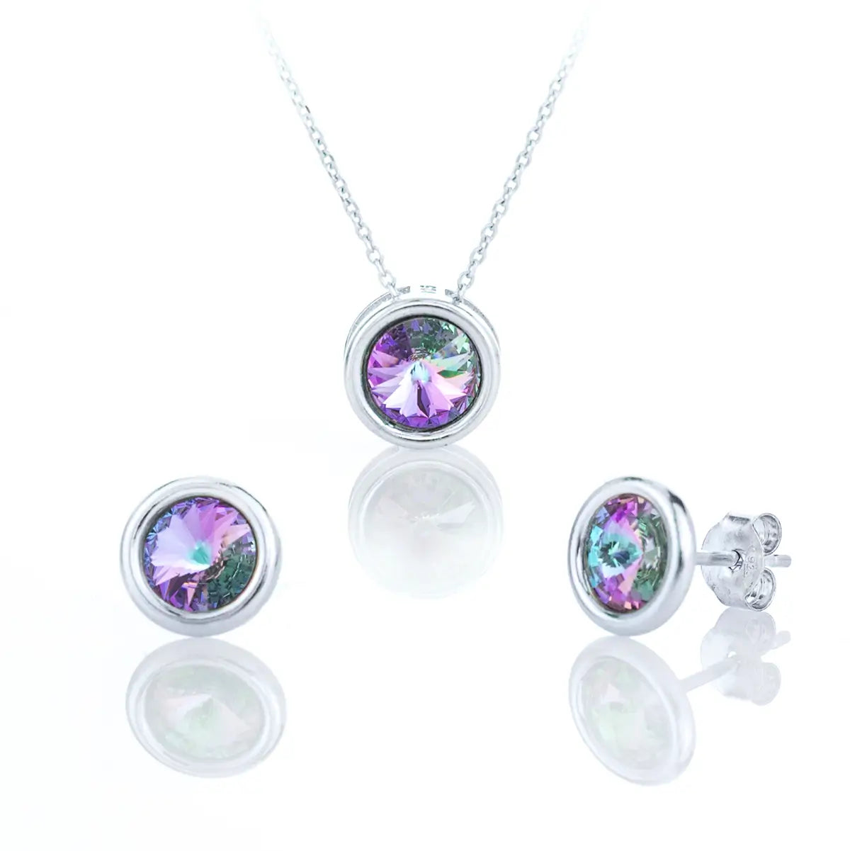 Класическо малко кръгло колие с обеци на винт с циркони Сваровски в преливащи цветове