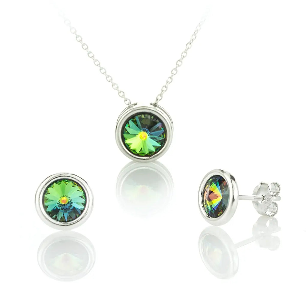 Класическо малко кръгло колие с бели на винт с циркони Сваровски в зелен преливащ цвят
