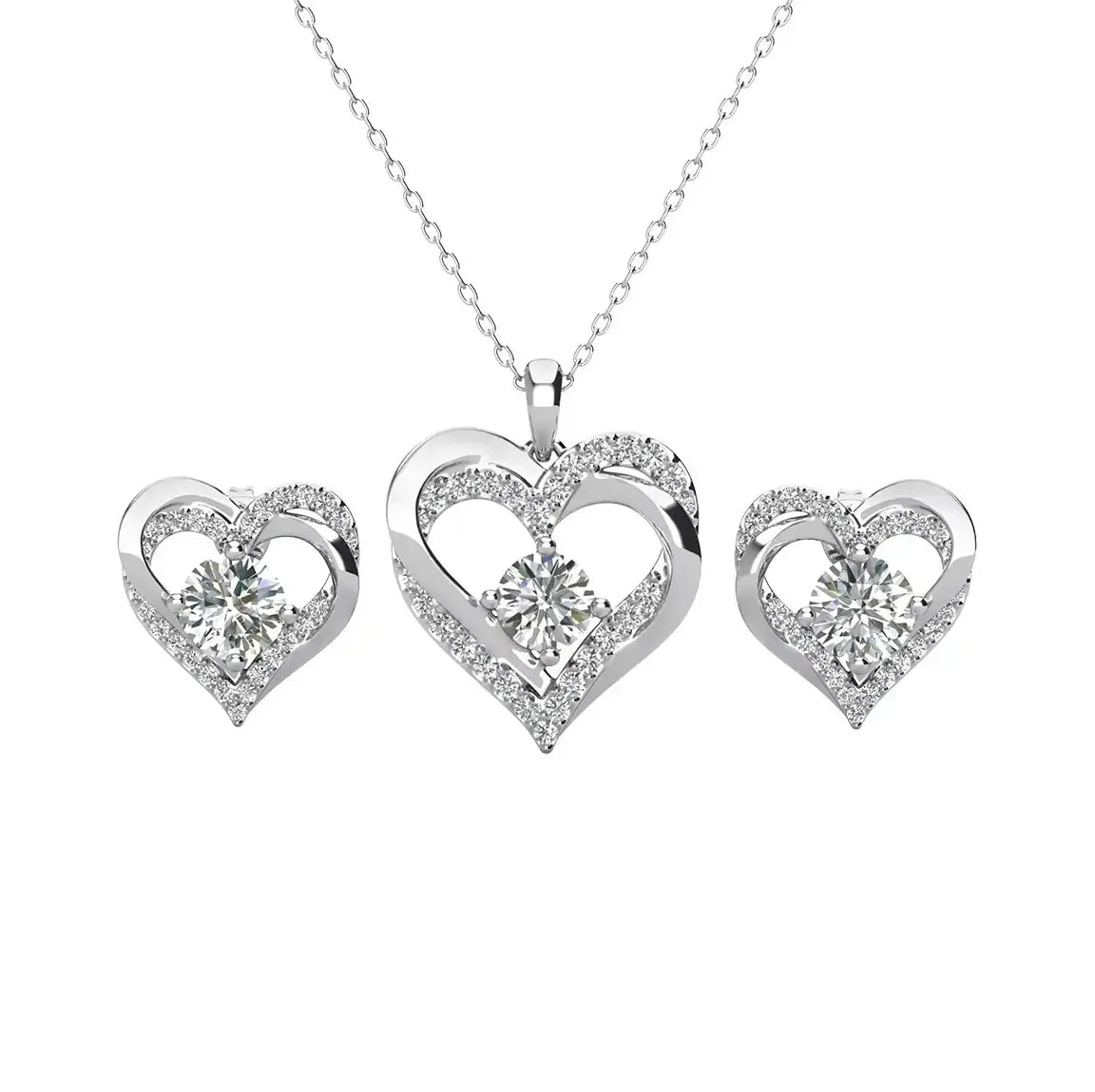 Комплект бижута Eternal Hearts колие и обеци с кристали Сваровски и 18К покритие бяло злато