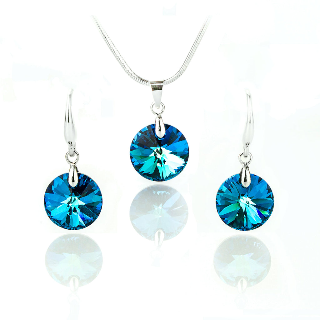 Комплект колие с обици Round set с австрийски кристали в наситено синьо-зелен цвят