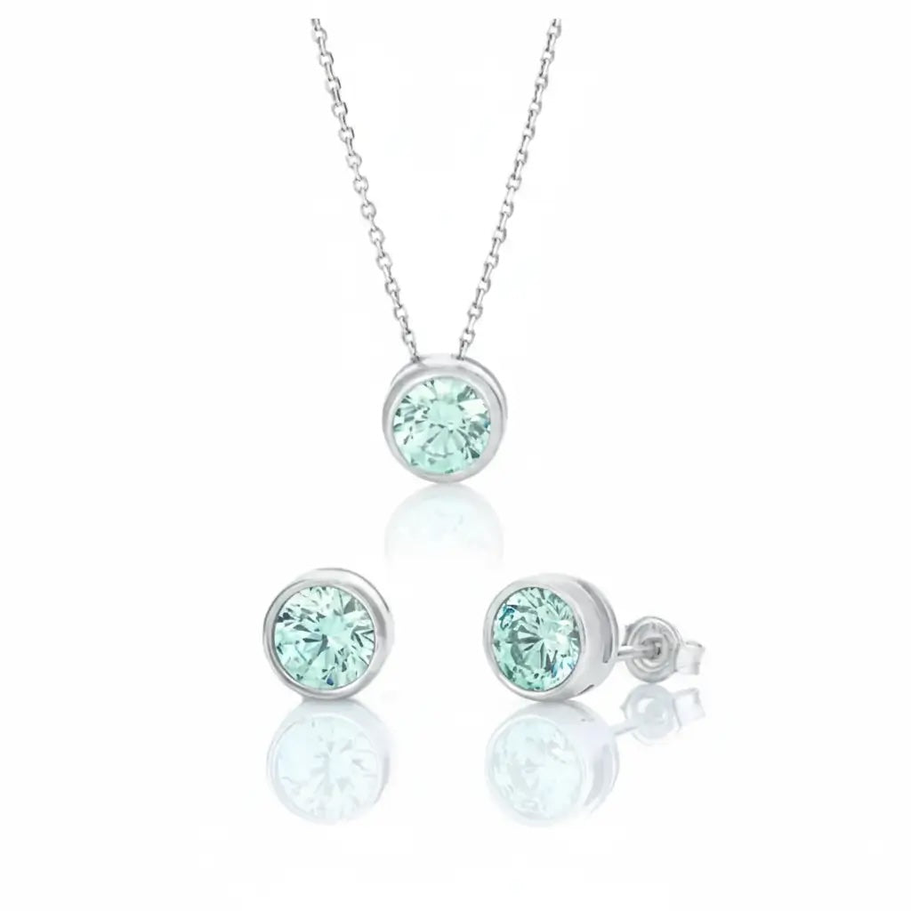 Нежен сребърен сет колие с обеци с циркови Сваровски в цвят мента