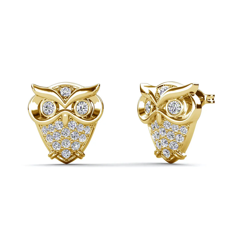 Обеци бухалчета с артистичен дизайн, кристали Сваровски и 18К златно покритие