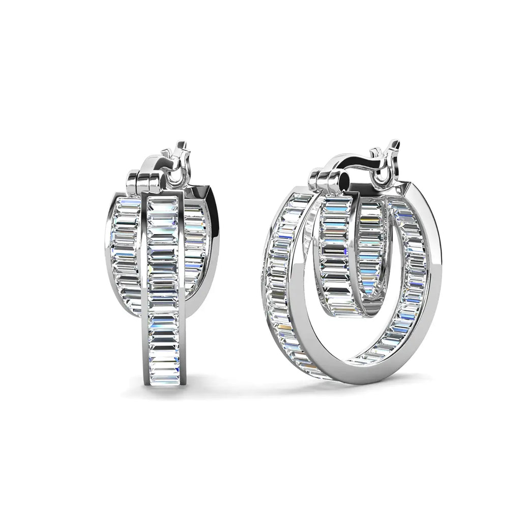 Обеци халки с двоен дизайн и премиум луксозна визия с кристали Сваровски и 18К покрие бяло злато