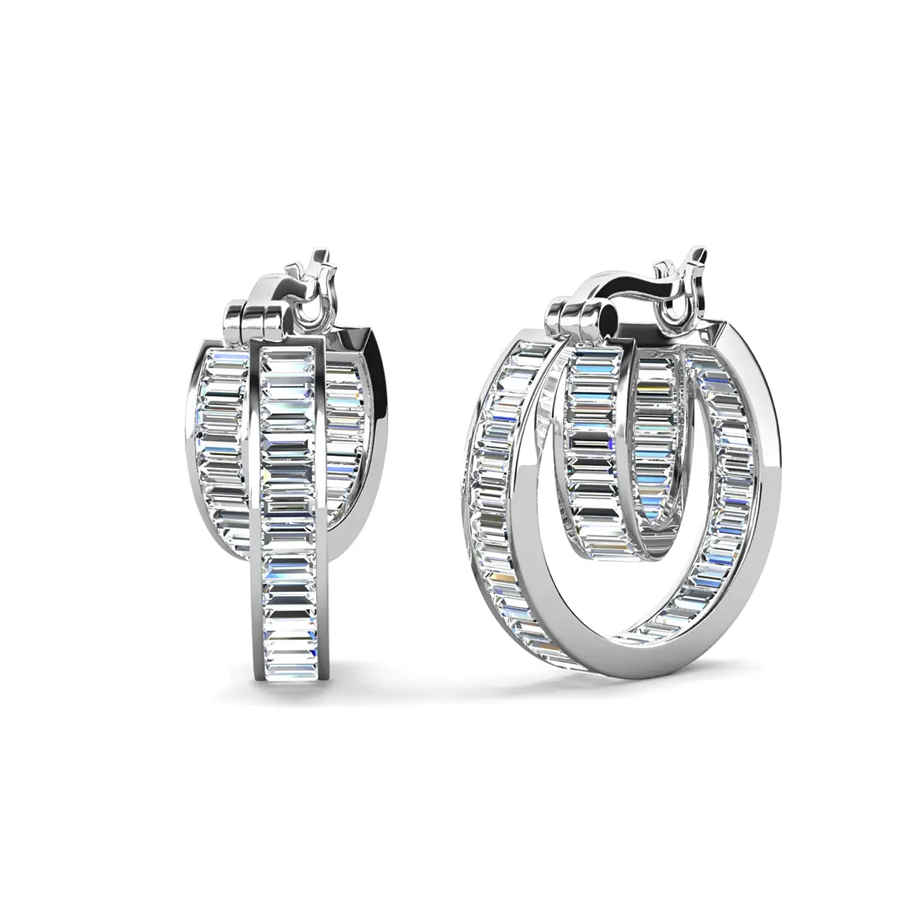 Обеци халки с двоен дизайн и премиум луксозна визия с кристали Сваровски и 18К покрие бяло злато