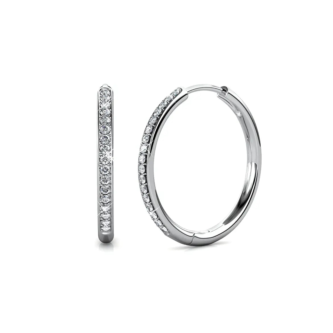 Обеци халки с кристали Сваровски и 18К бяло златно покритие, класически модел с кръгла форма, диаметър 20мм