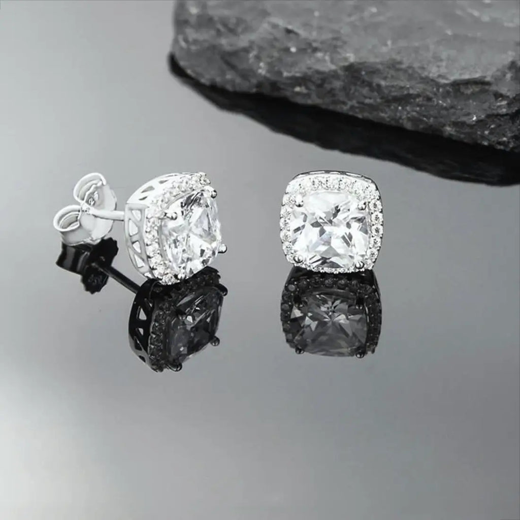 Позлатени обеци с циркони Луксозен квадратен Halo дизайн Сребро 925