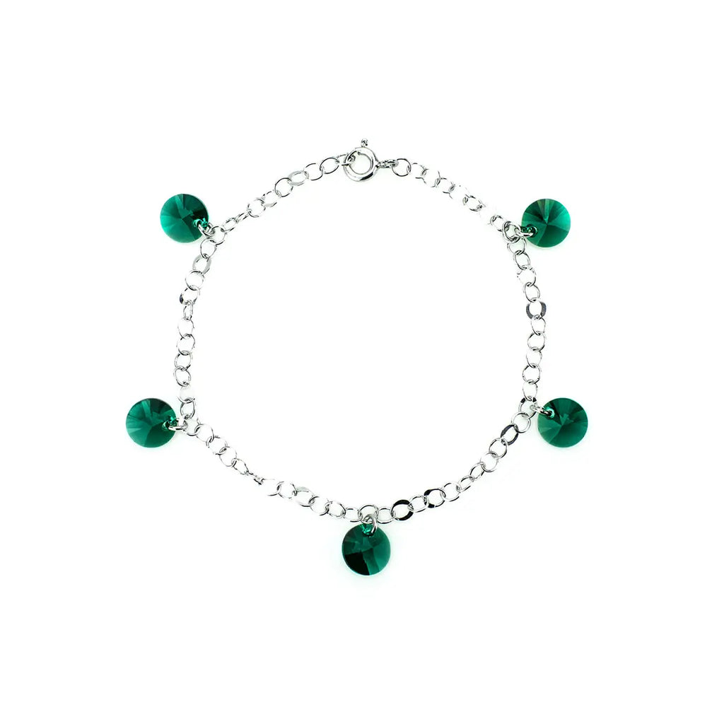 Ежедневна сребърна гривна с малки кристали Риволи в зелен цвят