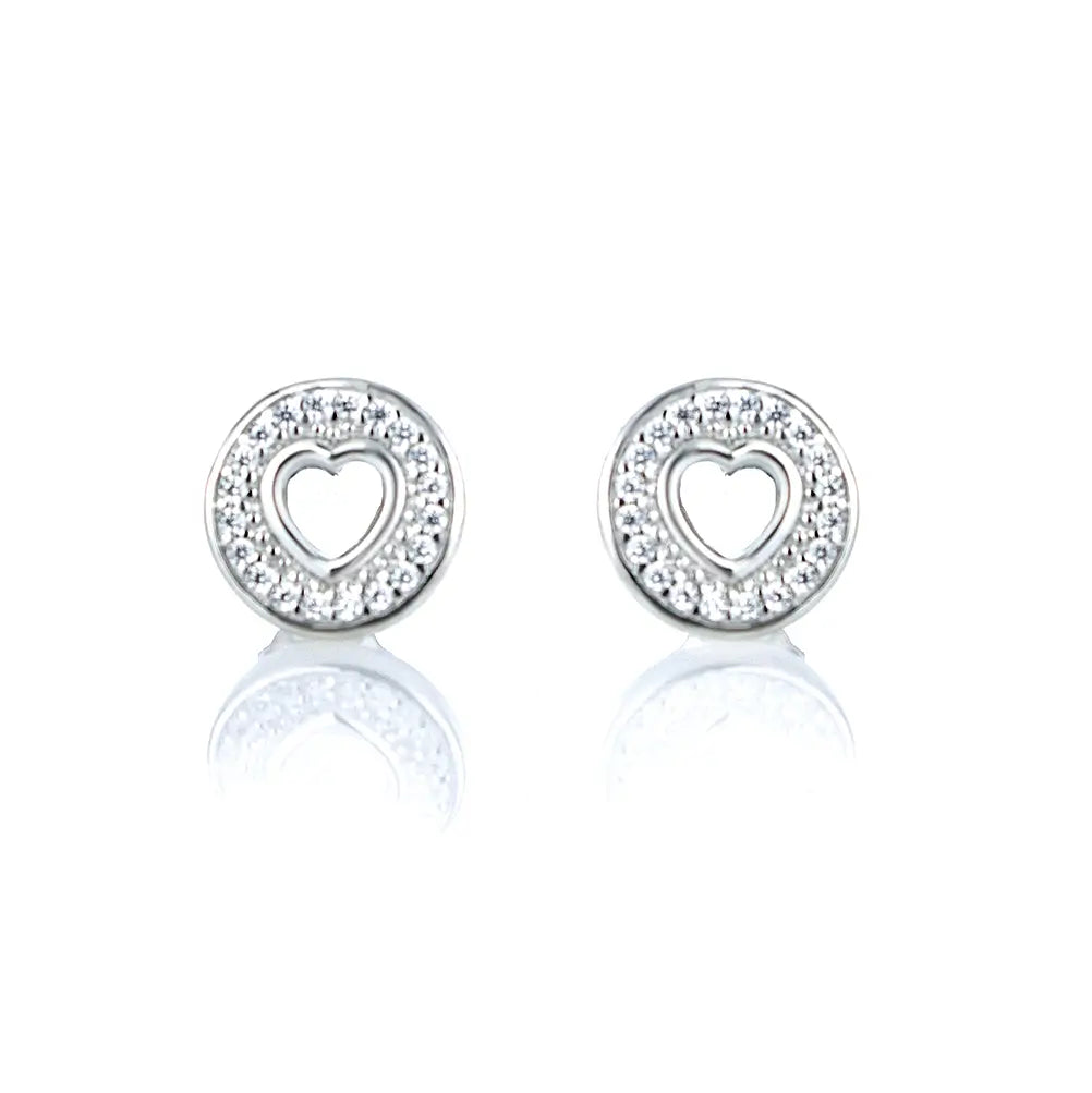 Кръгли сребърни обеци с изрязани сърца и обградени с нежни циркони.