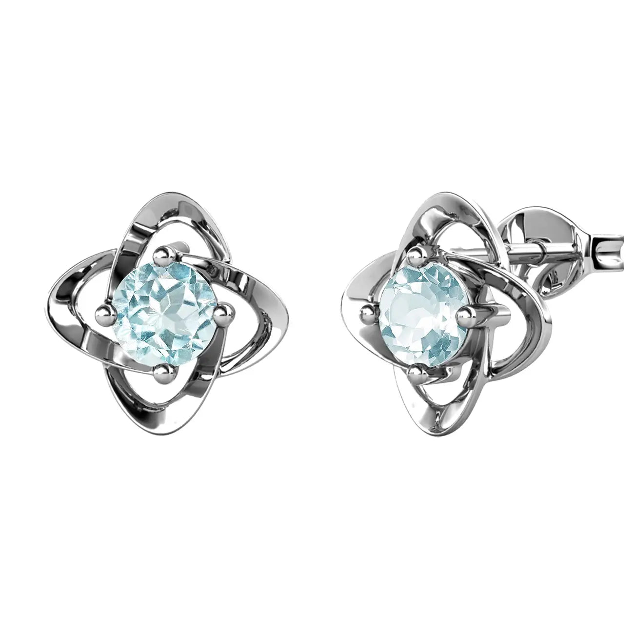 Сребърни обеци детелина със син топаз и 18К покритие от бяло злато