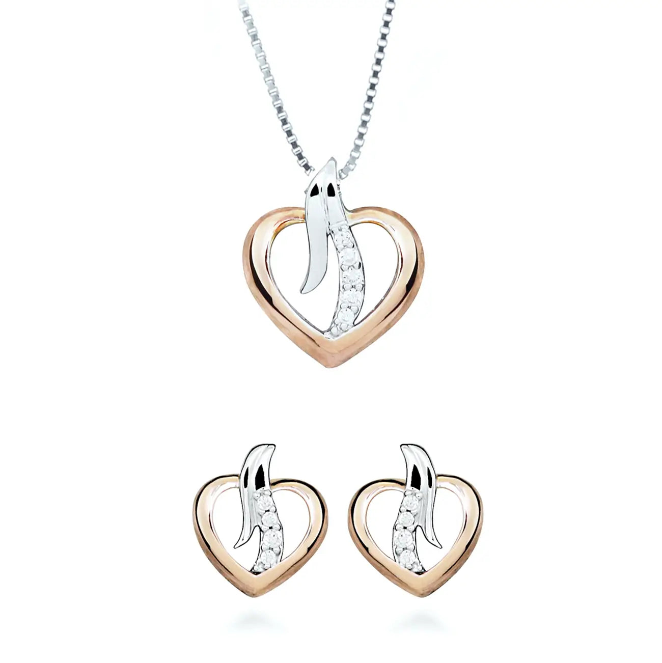Сребърни обеци Rose Gold Heart с двуцветен дизайн и циркони