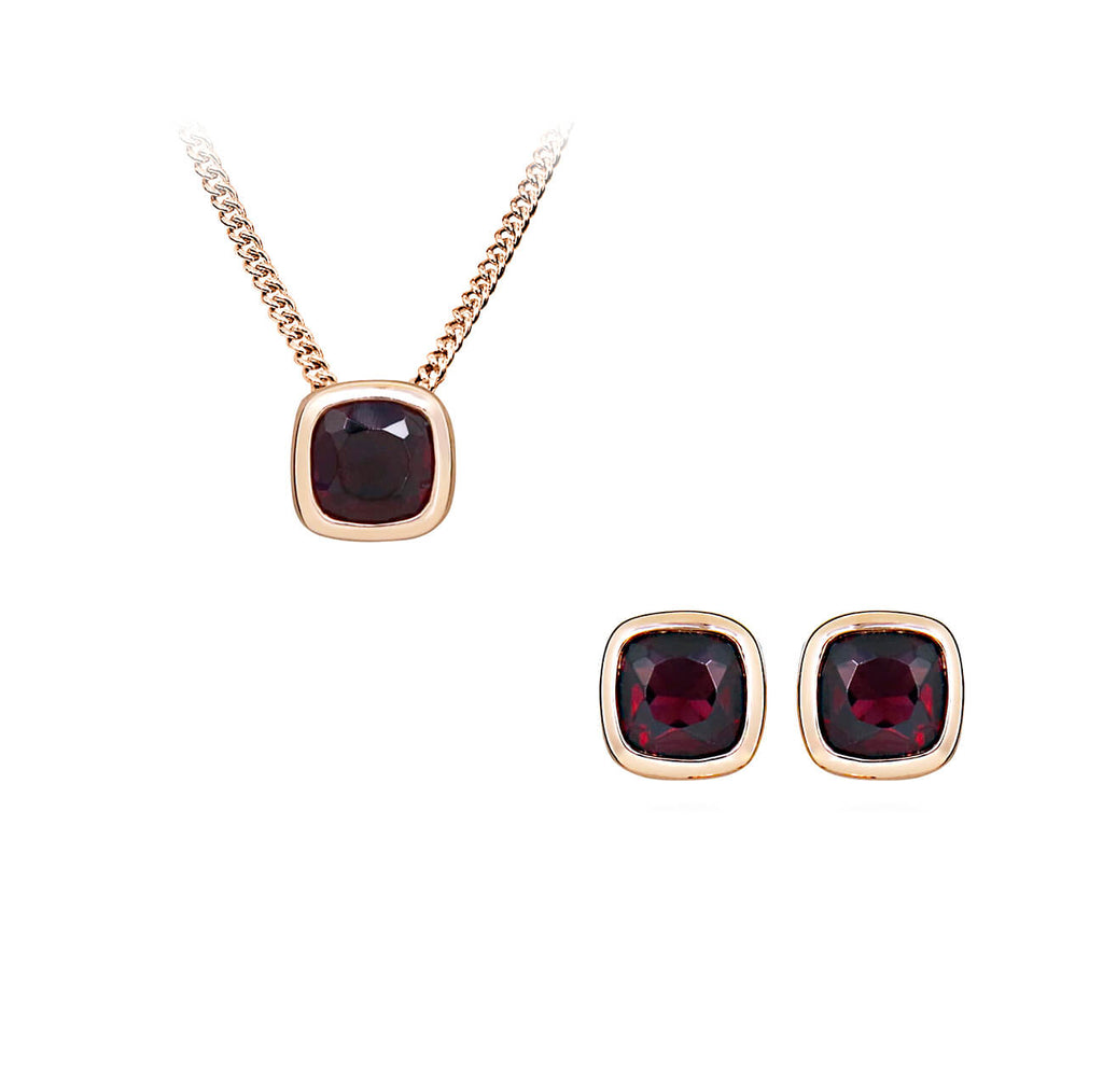 Сребърни обеци с естествен Гранат и розово злато Квадратен дизайн