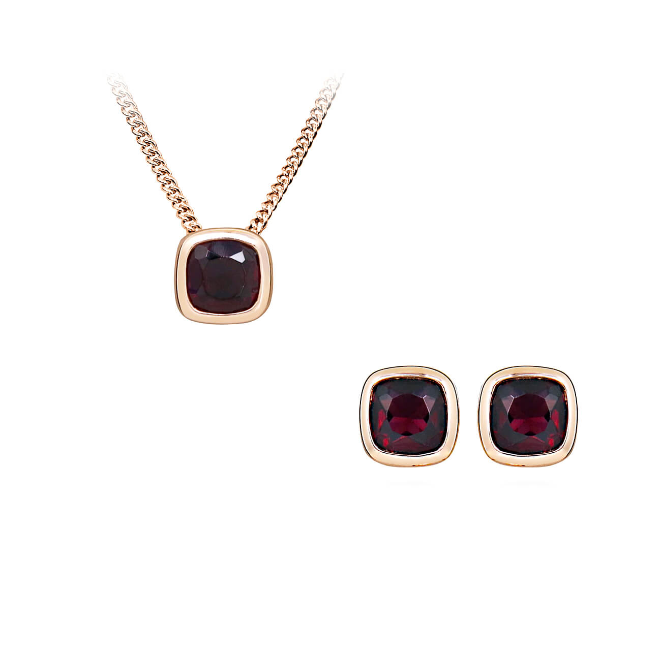 Сребърни обеци с естествен Гранат и розово злато Квадратен дизайн