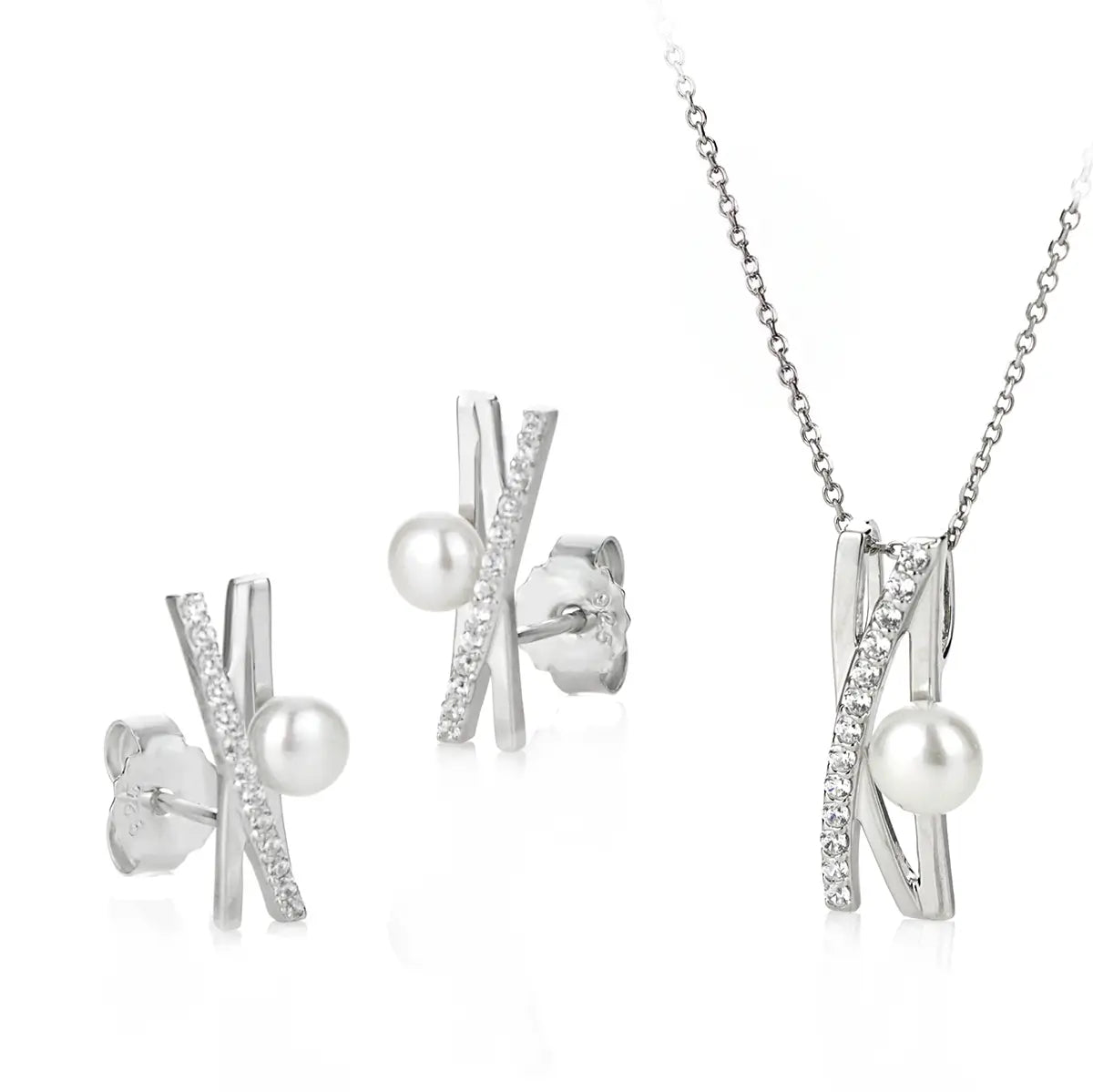 Сребърни обеци с речни перли и циркони Rectungular Stud Design