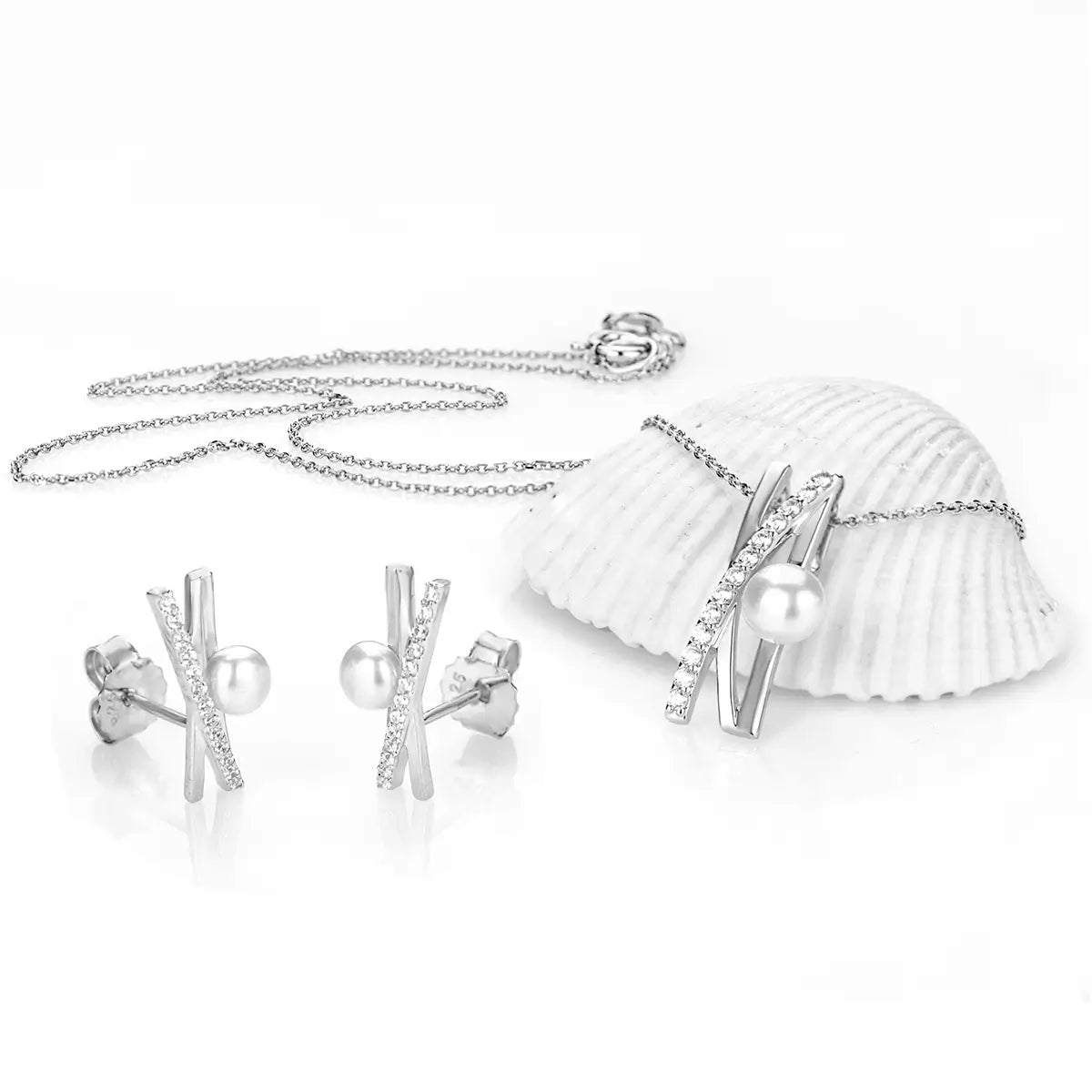 Сребърни обеци с речни перли и циркони Rectungular Stud Design