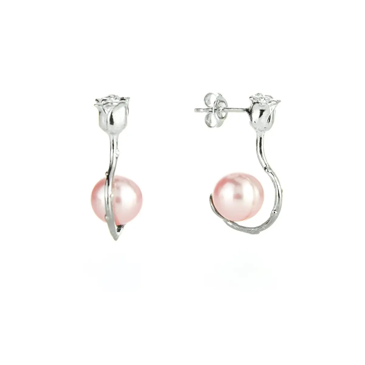 Сребърни обеци с форма на роза и розова перла
