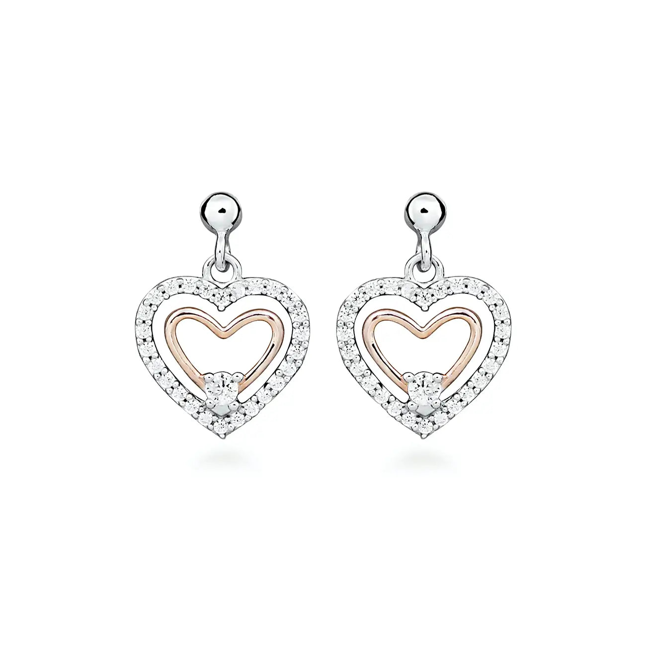 нежни сребърни обеци сърца с розово злато, двуцветен дизайн. Фина бижутерия