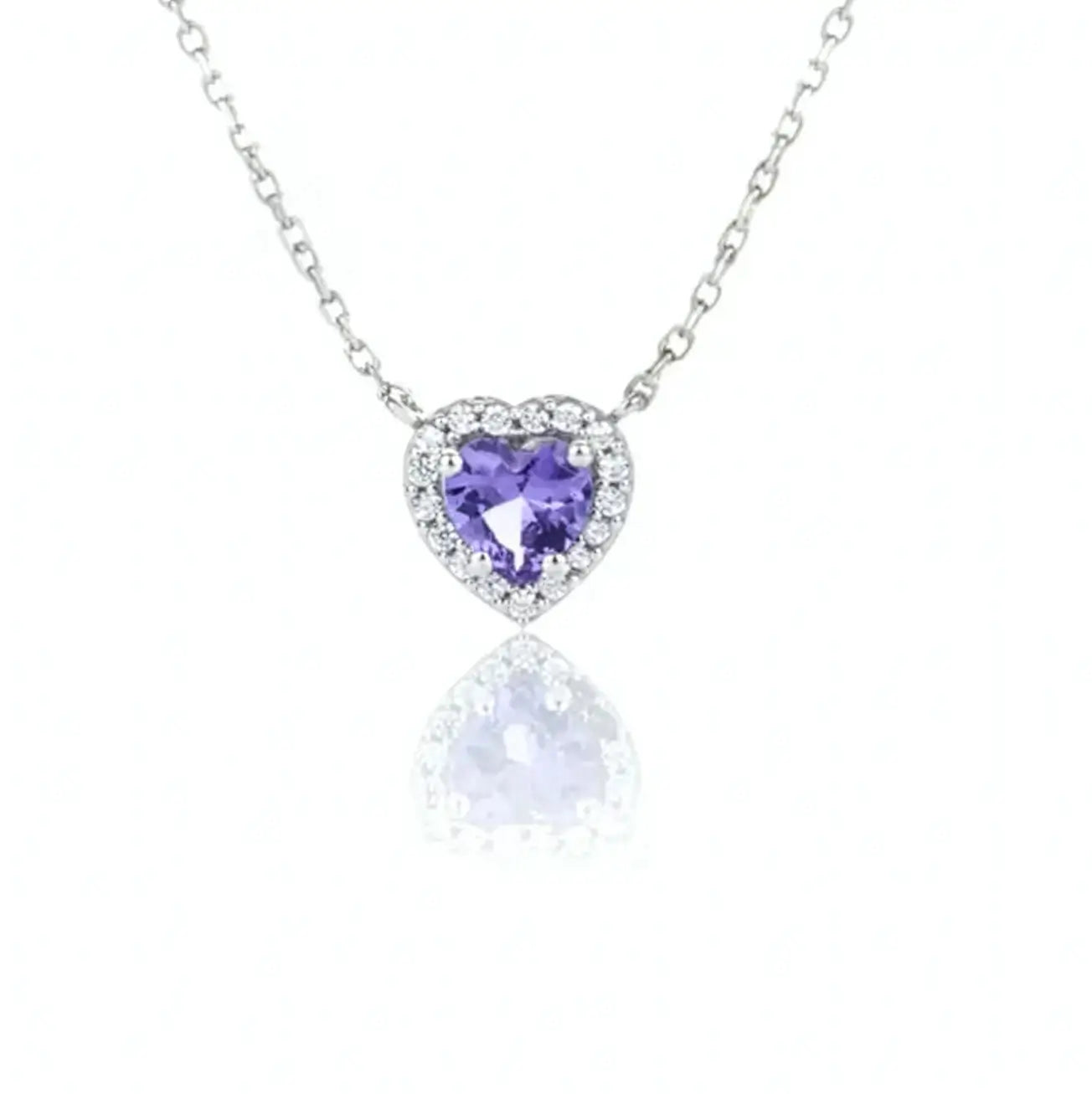 Сребърно колие с Нано аметист и циркони във форма на сърце, фина бижутерия.