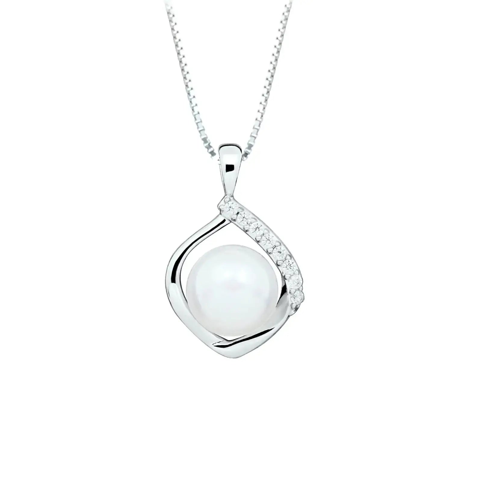 Сребърно колие с речна перла и циркови, фина бижутерия с модерен прочит на класиката