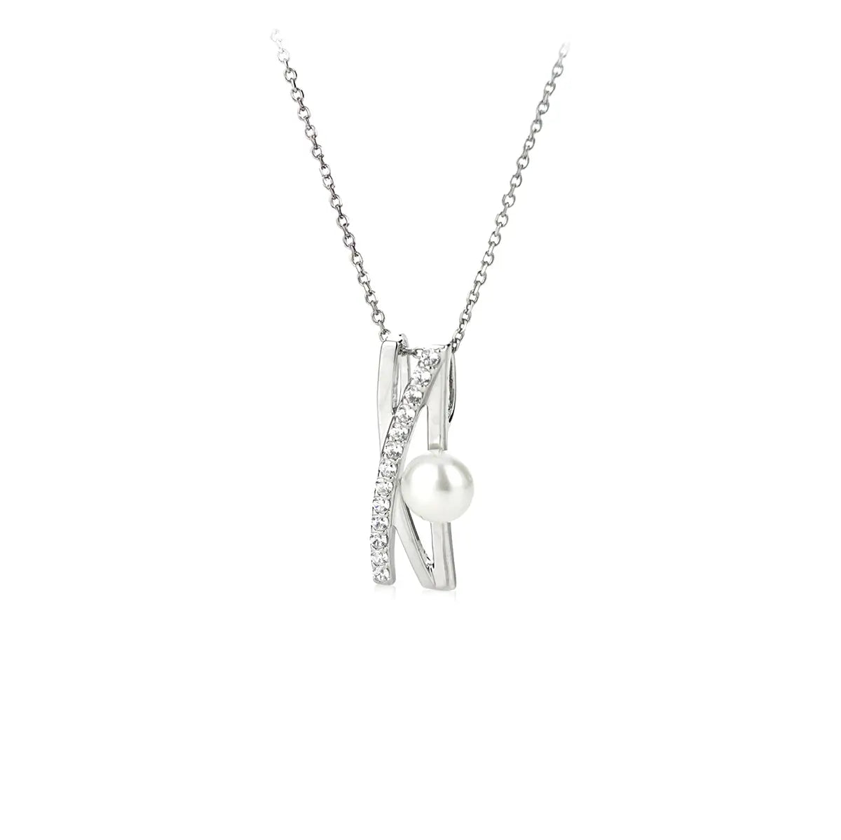 Сребърно колие с речна перла и циркови в правоъгълна форма, фина бижутерия