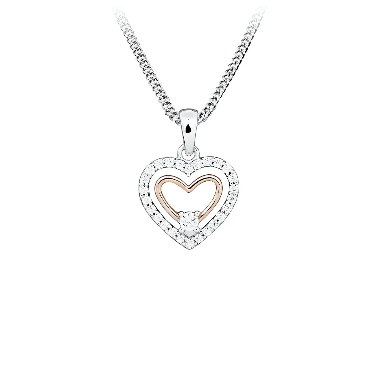 Сребърно колие сърце с розово злато, двуцветен дизайн  и блестящи циркови за допълнителен блясък, фина бижутерия за всеки ден