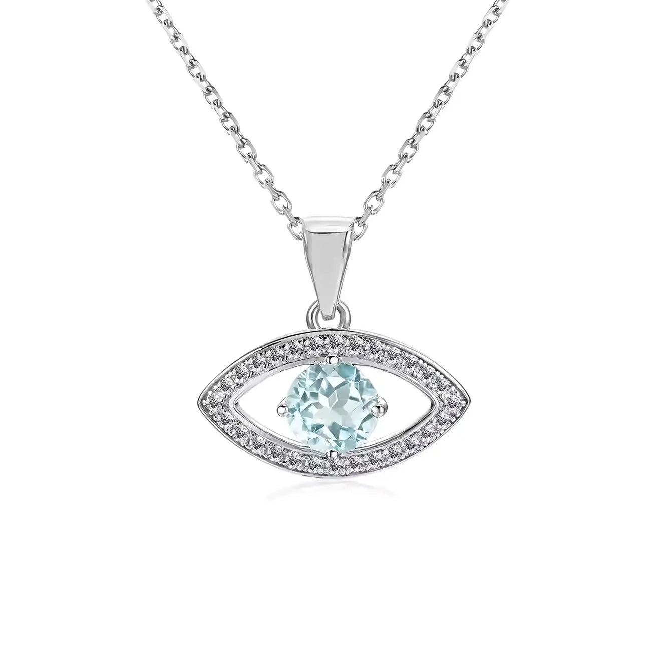 Сребърно колие Амулет Синьо око със естествен син топаз и 18К покритие от бяло злато