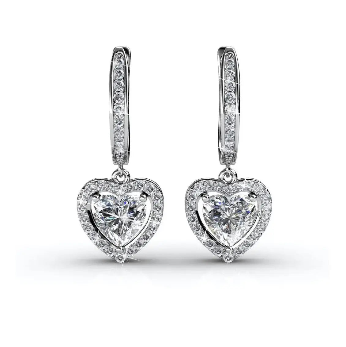 Висящи обеци Сърца с кристали Сваровски и 18К покритие бяло злато