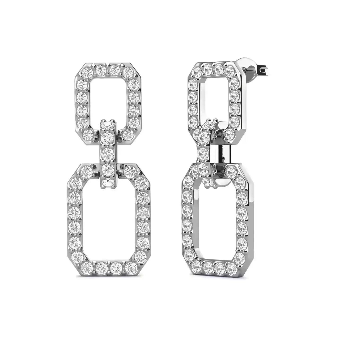 Висящи обеци с кристали Сваровски в правоъгълна форма и 18К покритие от бяло злато.