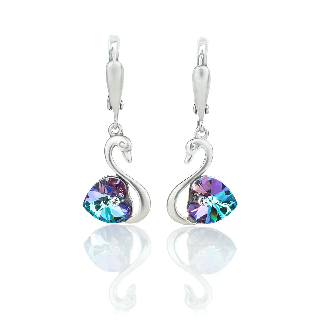 Висящи сребърни обеци Лебеди с кристали