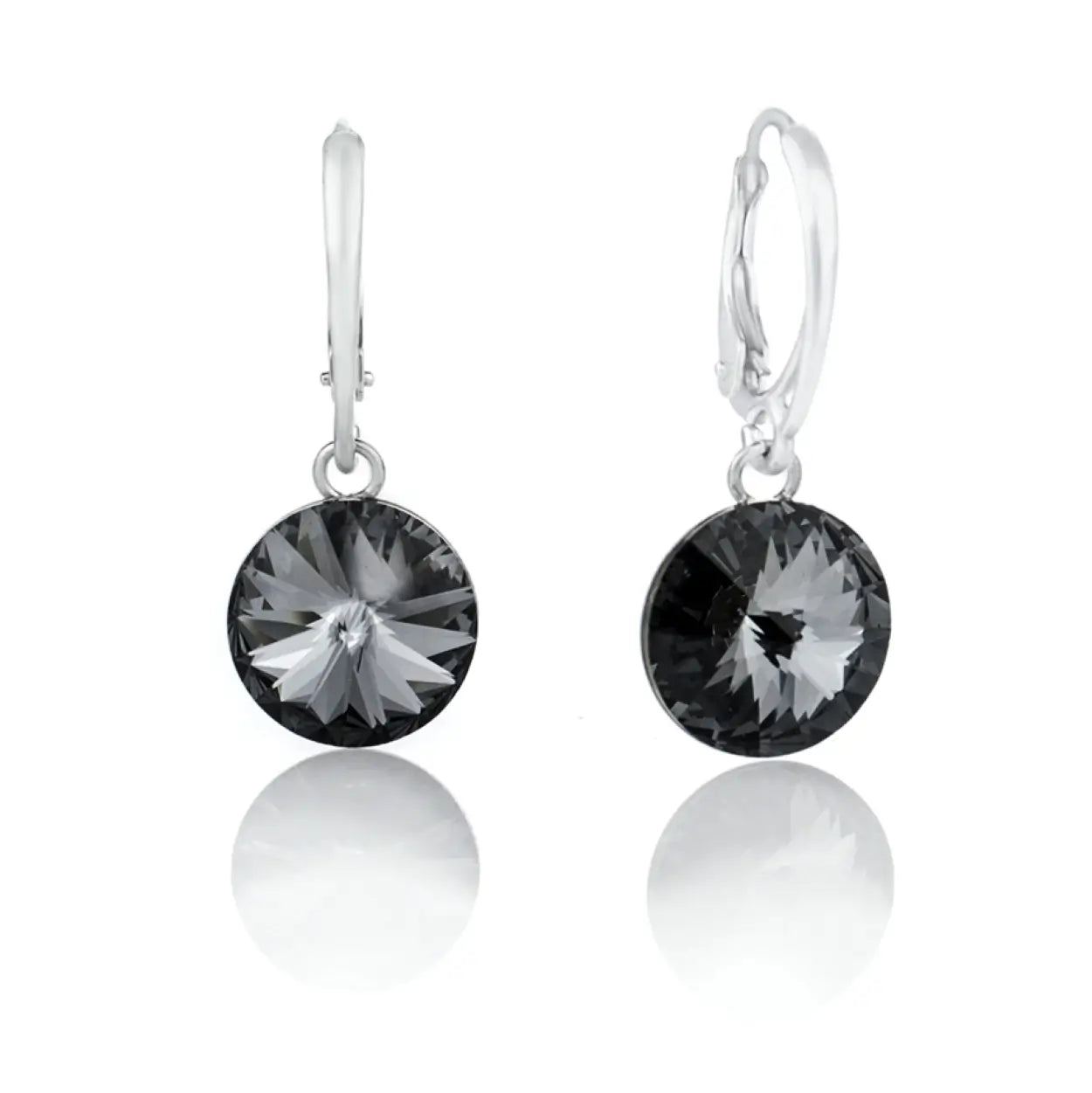 Висящи сребърни обеци с кристали Сваровски Риволи в кристален графитен цвят